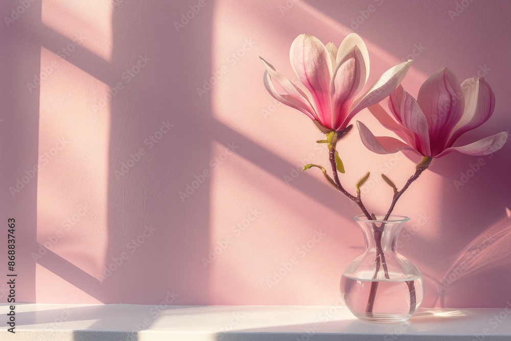 Poster a vase of pink flowers sits on a table. the flowers are in a clear vase and are arranged in a way th