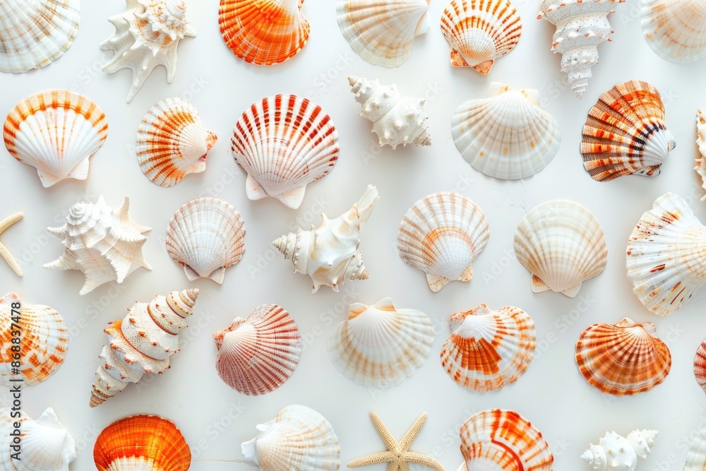 Poster collection of various shells displayed on a clean white surface