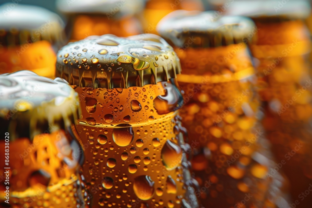 Poster A close-up view of multiple bottles of beer on a table or shelf