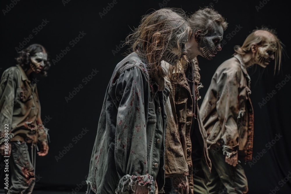Poster a group of undead figures walk across a brightly lit stage, ready for performance