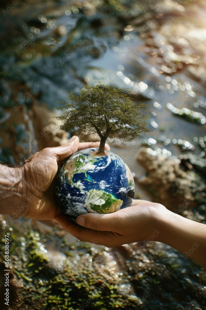Poster a person holds a small tree on the surface of a globe, representing growth and hope
