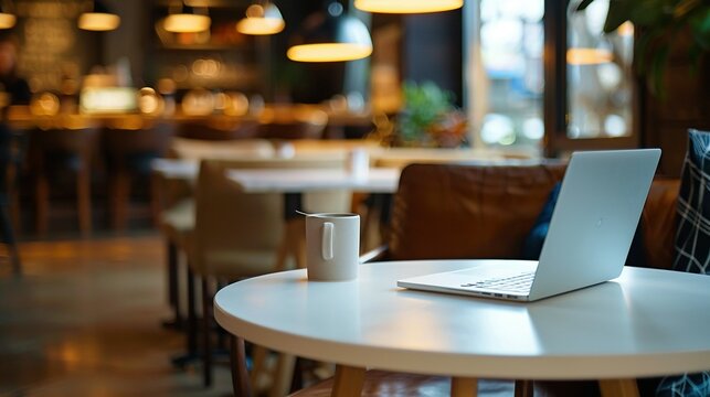 Minimalist Coffee Shop: Laptop on a White Tabletop in Indoor Seating or Co-Working Space