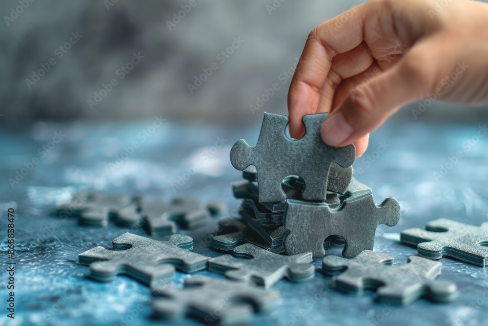 Poster a person assembles a jigsaw puzzle with a single piece