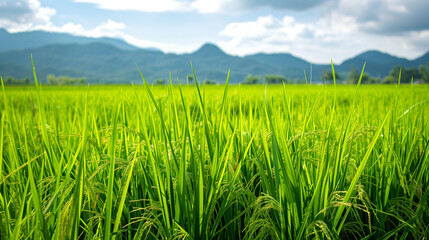 Obraz premium Vibrant Green Rice Paddy Field with Mountain Background