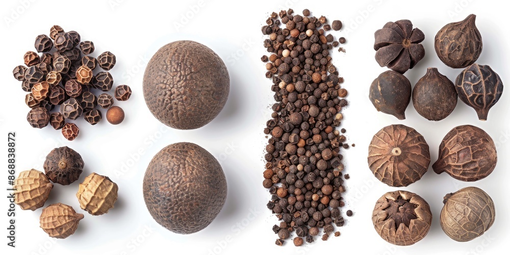 Poster A selection of various nuts and seeds arranged on a white background