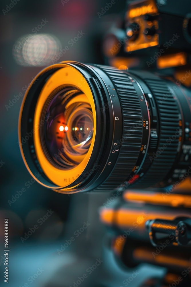Poster a close-up view of a camera lens attached to a tripod, ideal for photography and videography project