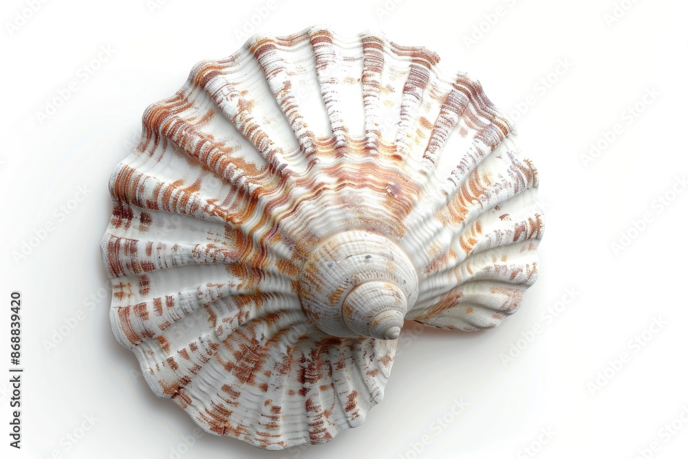 Poster A close-up image of a shell on a white surface, great for use in designs where texture and detail matter