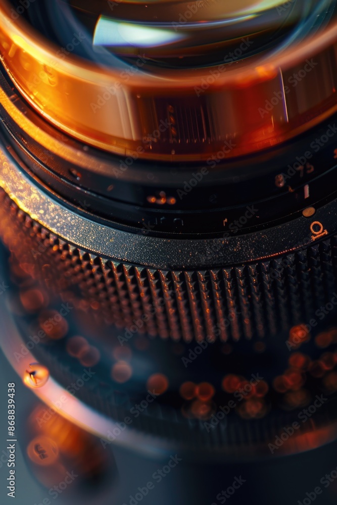Poster a close-up shot of a camera lens on a table, great for photography or technology-related concepts