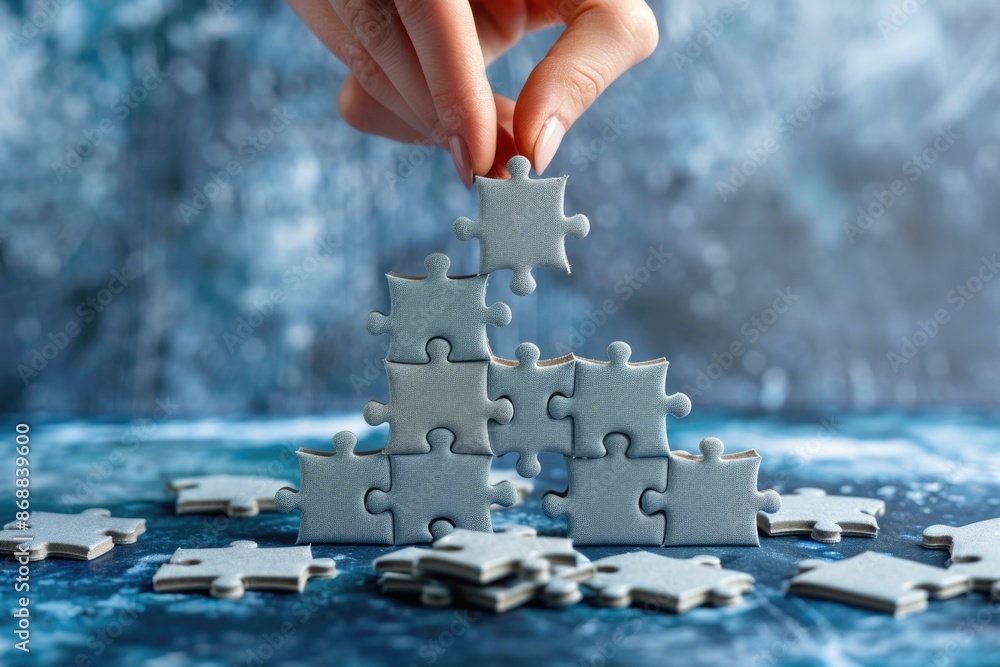 Poster A person places a piece of a puzzle into its correct position, concept image for problem-solving and creativity