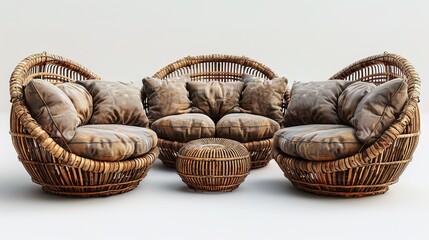 collection Set of outdoor garden rattan straw couches armchairs cutouts double seat sofas isolated on transparent background beautiful  sofas 