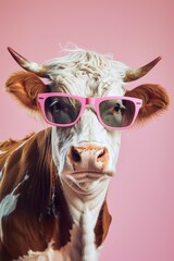 A brown and white cow wearing pink sunglasses