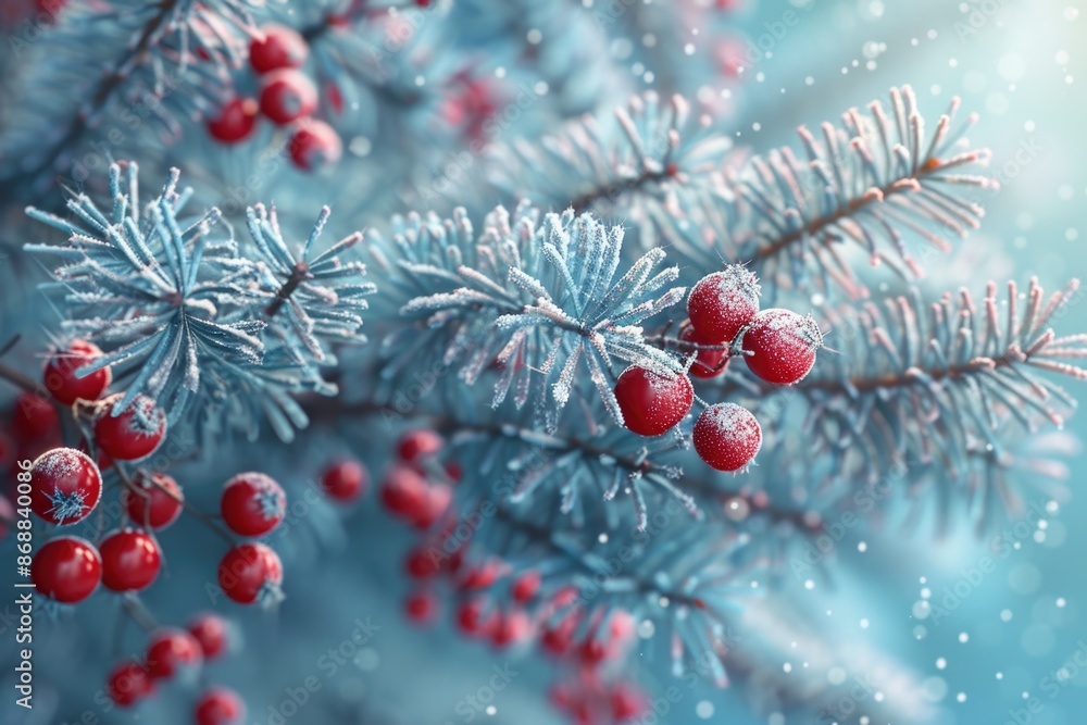 Poster Close-up of a tree branch covered in bright red berries, ideal for use in nature-inspired designs and projects