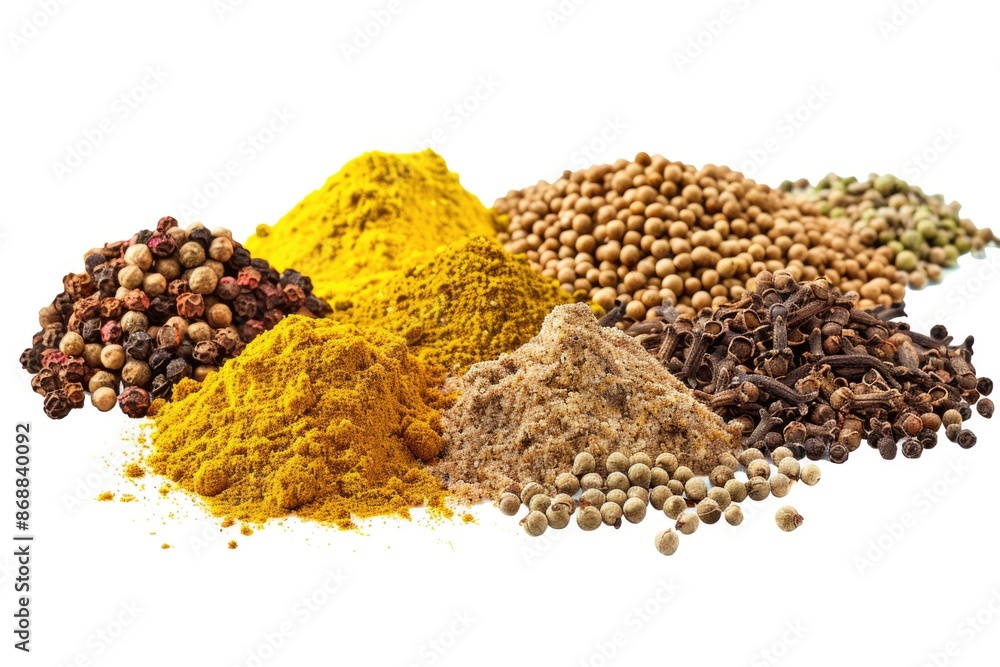 Poster assortment of spices arranged on a white surface for display or cooking