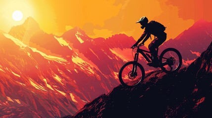 Obraz premium A man is riding a bike on a mountain. The mountain is covered in snow and the sky is orange