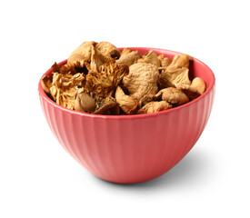 Red bowl with tasty dried mushrooms on white background