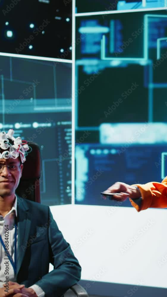 Poster vertical video neuroscientist doing demonstration at ai convention gathering tech startups and acade