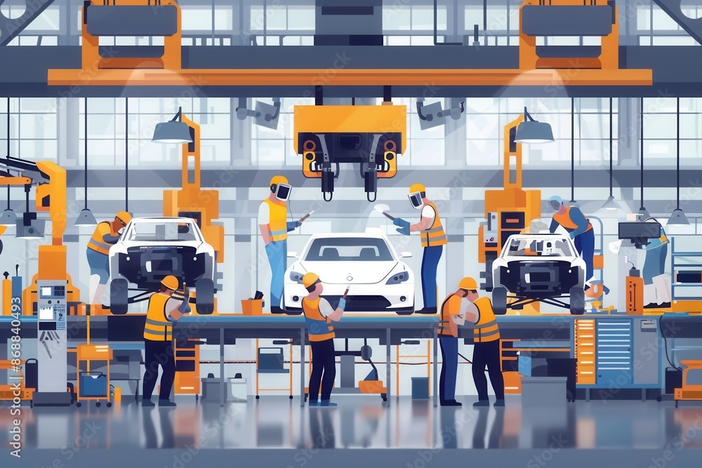 Poster a busy automotive factory with workers assembling car bodies on the production line. generative ai
