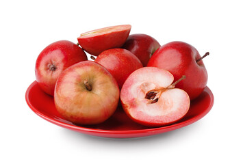 Plate with sweet pink apples on white background