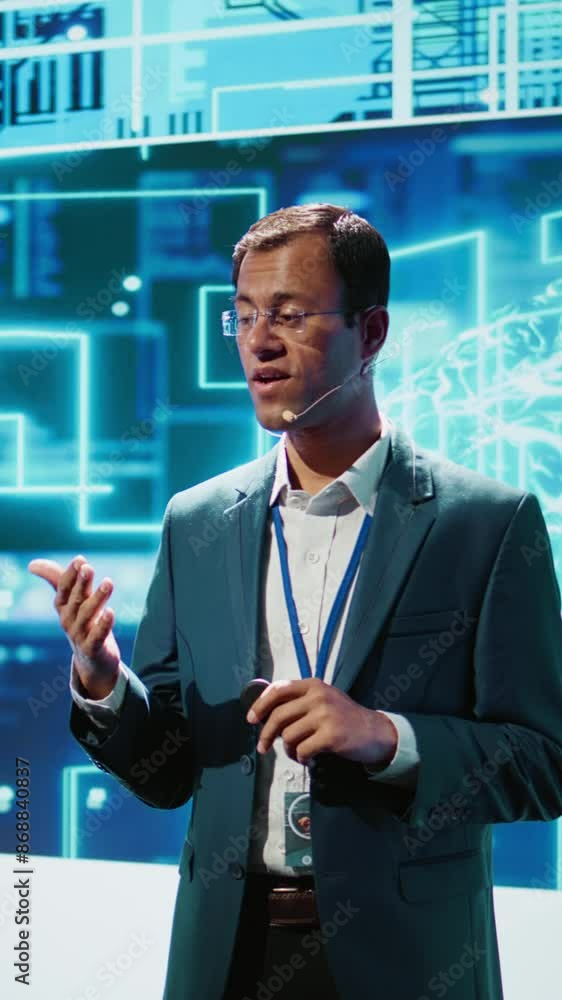 Poster vertical video smiling public speaker hosting ai convention gathering tech startups managers and aca