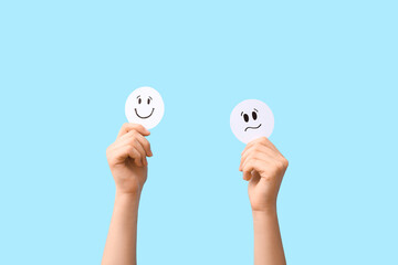 Woman with rating smiles on blue background. Customer experience concept