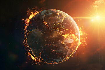 Earth globe surrounded by fiery, dramatic environmental changes, global warming effects. The intense flames, vivid details convey powerful message, the planet's fragility, the urgent need for climate