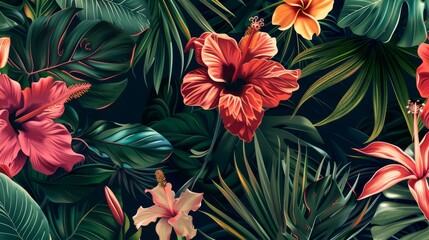 Fototapeta premium Tropical Floral Pattern with Lush Green Foliage