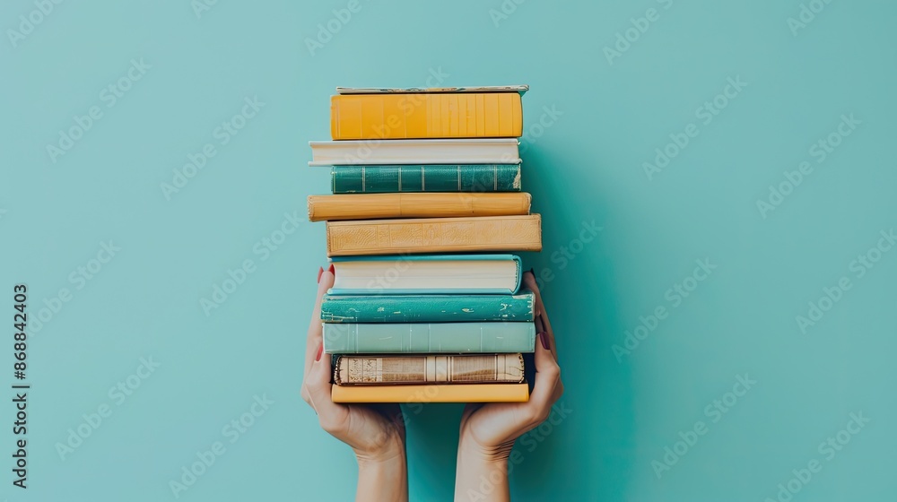 Poster a person is holding a stack of books. the books are of different sizes and colors. the person is hol