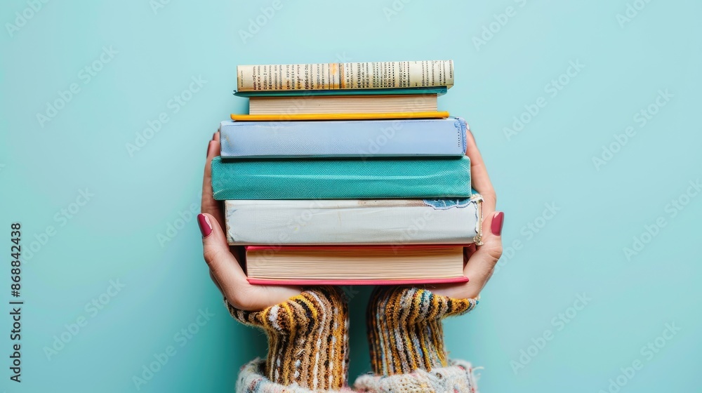Poster a person is holding a stack of books. the books are of different sizes and colors. concept of knowle