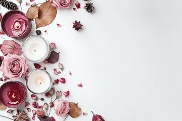 Autumn Composition with Dry Roses and Candles on White Background