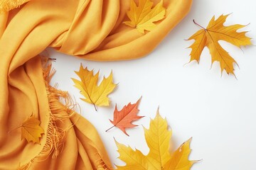 Cozy Autumn Composition with Dried Leaves and Yellow Scarf