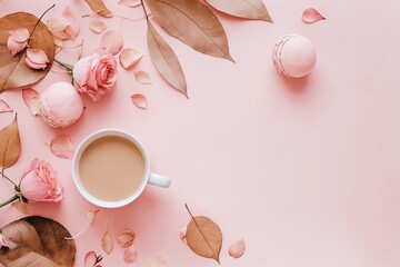 Autumn Composition with Coffee, Macarons, Roses and Leaves