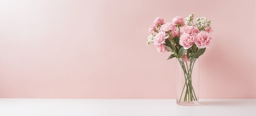 Pink Roses Bouquet in a Glass Vase on Pastel Pink Background
