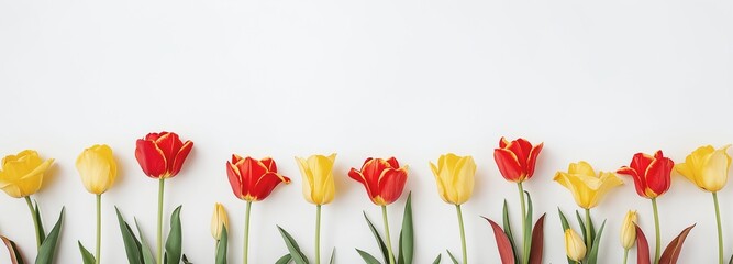 Yellow and Red Tulips on White Background Spring Composition
