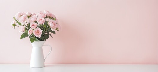 Pink Roses in White Vase - Elegant Floral Arrangement on Pastel Background