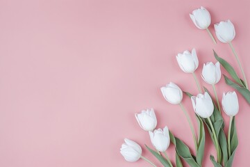 White Tulip Flowers on Pink Background - Minimalist Spring Floral Composition
