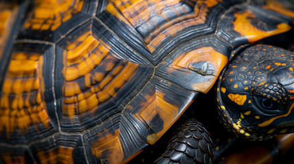 Close-up of the shell and pattern on a standard box turtle, showcasing its distinctive orange spots and black body with detailed close-ups of scales. 