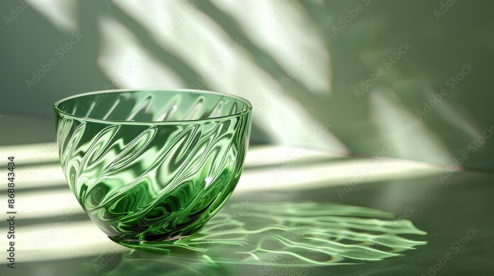 Poster A green bowl with a wavy design sits on a table. The bowl is reflecting the light from a window, creating a shadow on the table