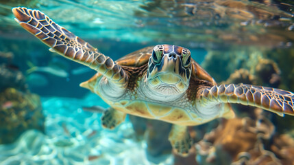 Fototapeta premium A close up shot of an adorable sea turtle swimming gracefully in the crystal clear waters, showcasing its vibrant shell and detailed features, with a focus on its face. 