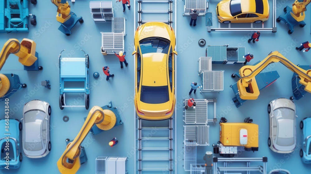 Poster a top-down view of a bustling automotive assembly line. workers and robotic arms collaborate to asse