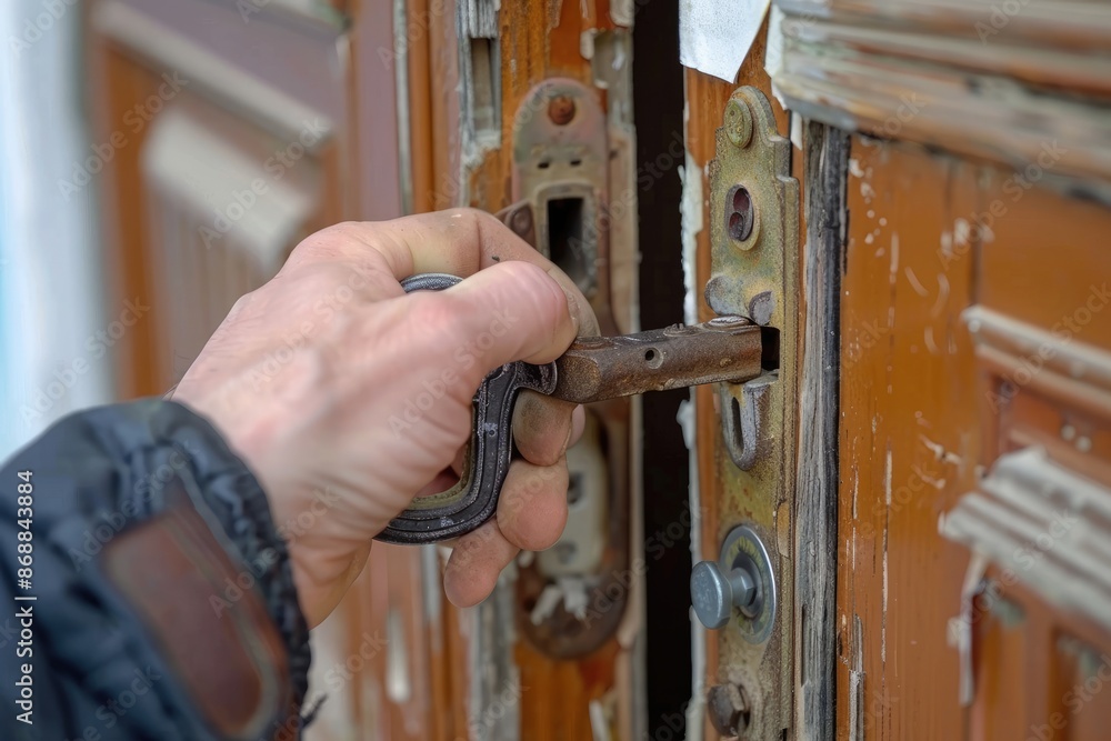 Poster a man is trying to open a door with a key. the door is old and has a rusty lock