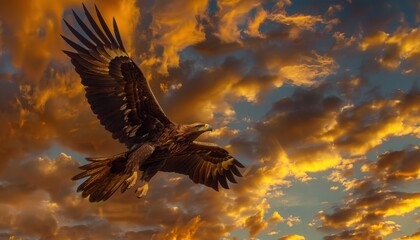 Fototapeta premium Majestic eagle soaring in a dramatic sunset sky with vibrant clouds, capturing the beauty of nature and wildlife in its glory.