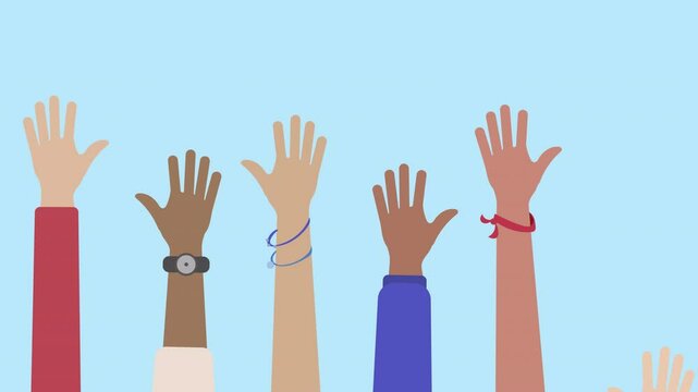 Group of multi-ethnic diverse people raising their hands. Showing unity, teamwork, collaboration, volunteering or celebrating concepts. 2d animation in cartoon. 4k, ALPHA CHANNEL is on.