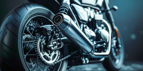 Fototapeta premium Close-Up of Modern Motorcycle Exhaust and Wheel. Generative ai
