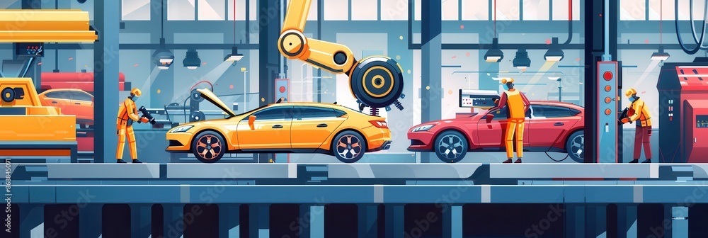 Leinwandbilder A dynamic illustration of a modern car assembly line with workers and robots working together to build vehicles. Generative AI