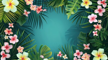 A vibrant arrangement of tropical plumeria and palm leaves forming a frame around an aquamarine background, showcasing the beauty and exotic allure of tropical flora.