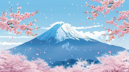 A captivating image of a snow-covered mountain peak framed by vibrant pink cherry blossoms, set against a bright blue sky, embodying the essence of serenity and natural beauty.