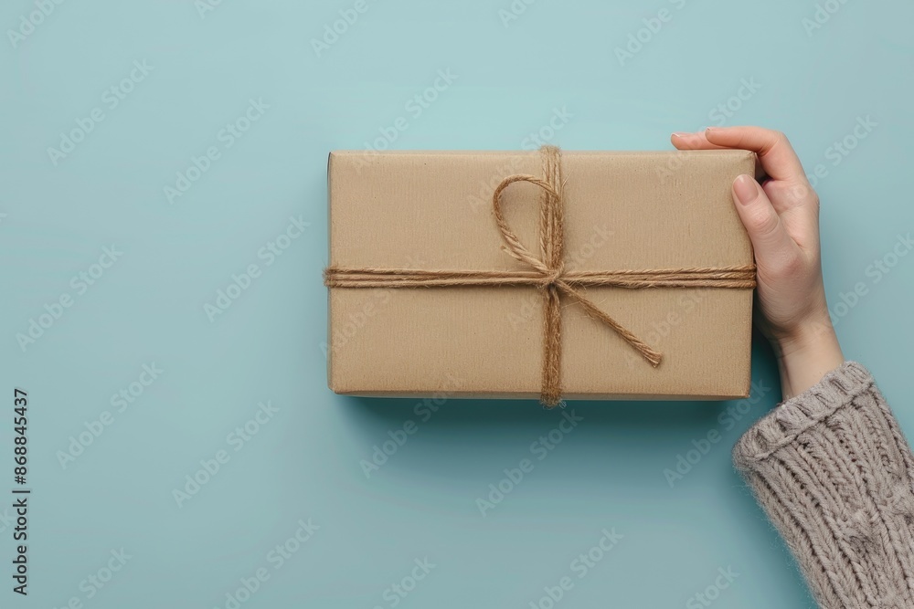 Poster a person is holding a brown box with a string tied around it.