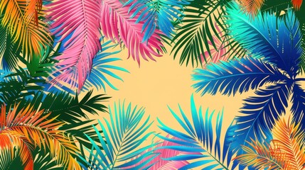 A striking arrangement of colorful palm fronds displayed against a soft yellow background, offering a lively scene of tropical flora in an abstract portrayal.