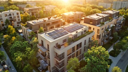 Fototapeta premium A residential area with many houses and trees. The houses are all different sizes and styles. The sun is shining brightly, making the area look bright and cheerful