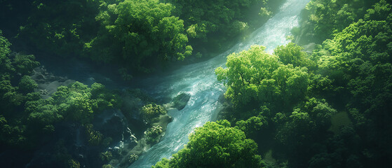Obraz premium Aerial View of Winding River Through Verdant Forests